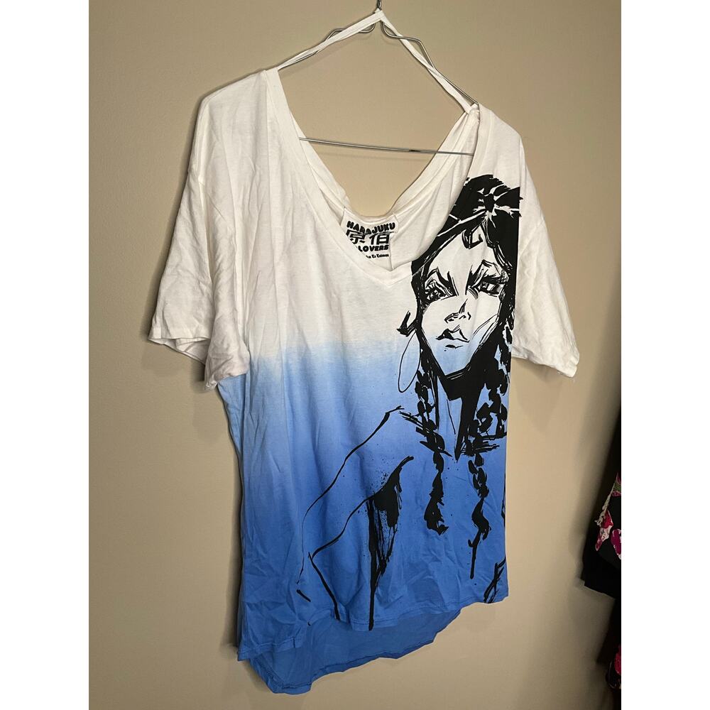 Harajuku Lovers V-Neck T-Shirt Graphic Print Cotton White/Blue Womens Size M NWT